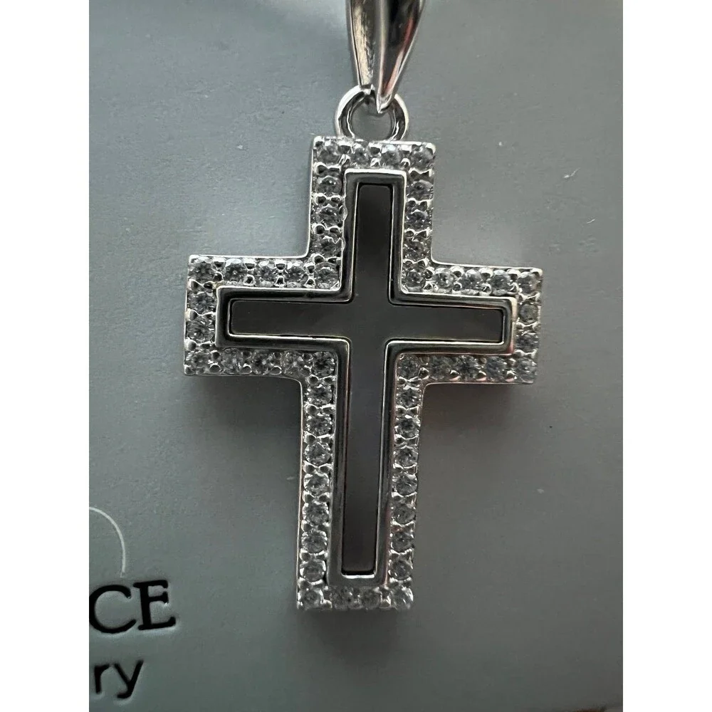 Sterling silver 925 cross pendant with mother of pearl, simulated diamonds NEW